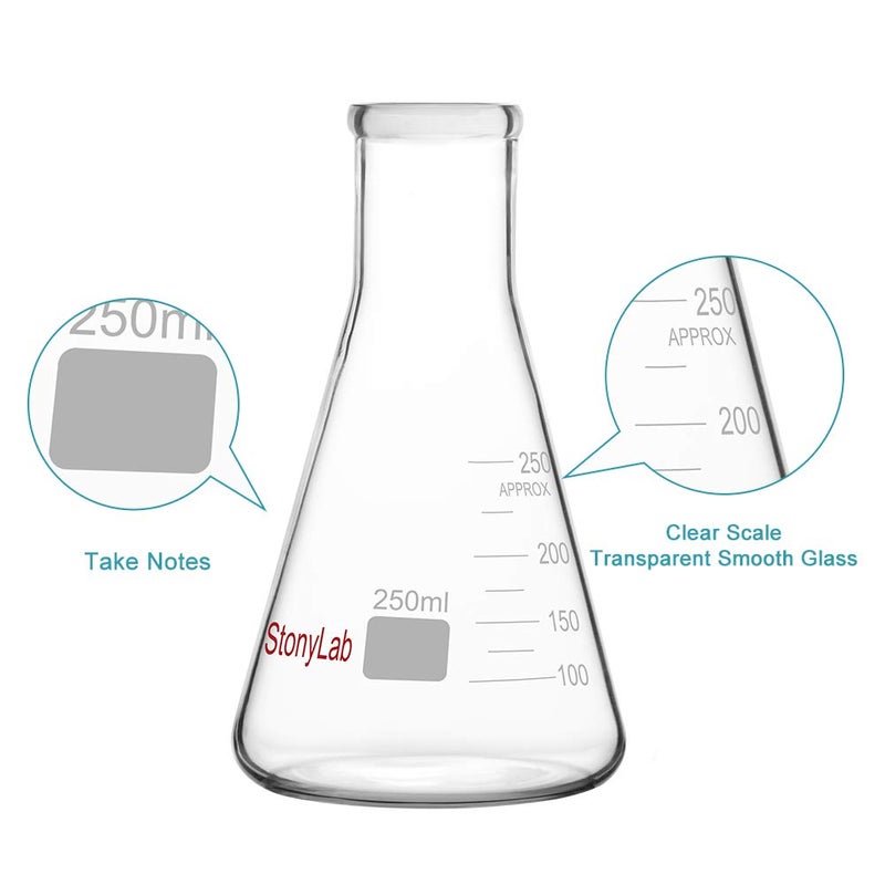 stonylab 1-Pack Glass 250 ml Heavy Wall Narrow Mouth Erlenmeyer Flasks with Heavy Duty Rim - (250ml Fits with 7# Rubber Stopper) - Image 4